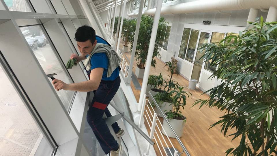 Professional glass cleaning on building facade